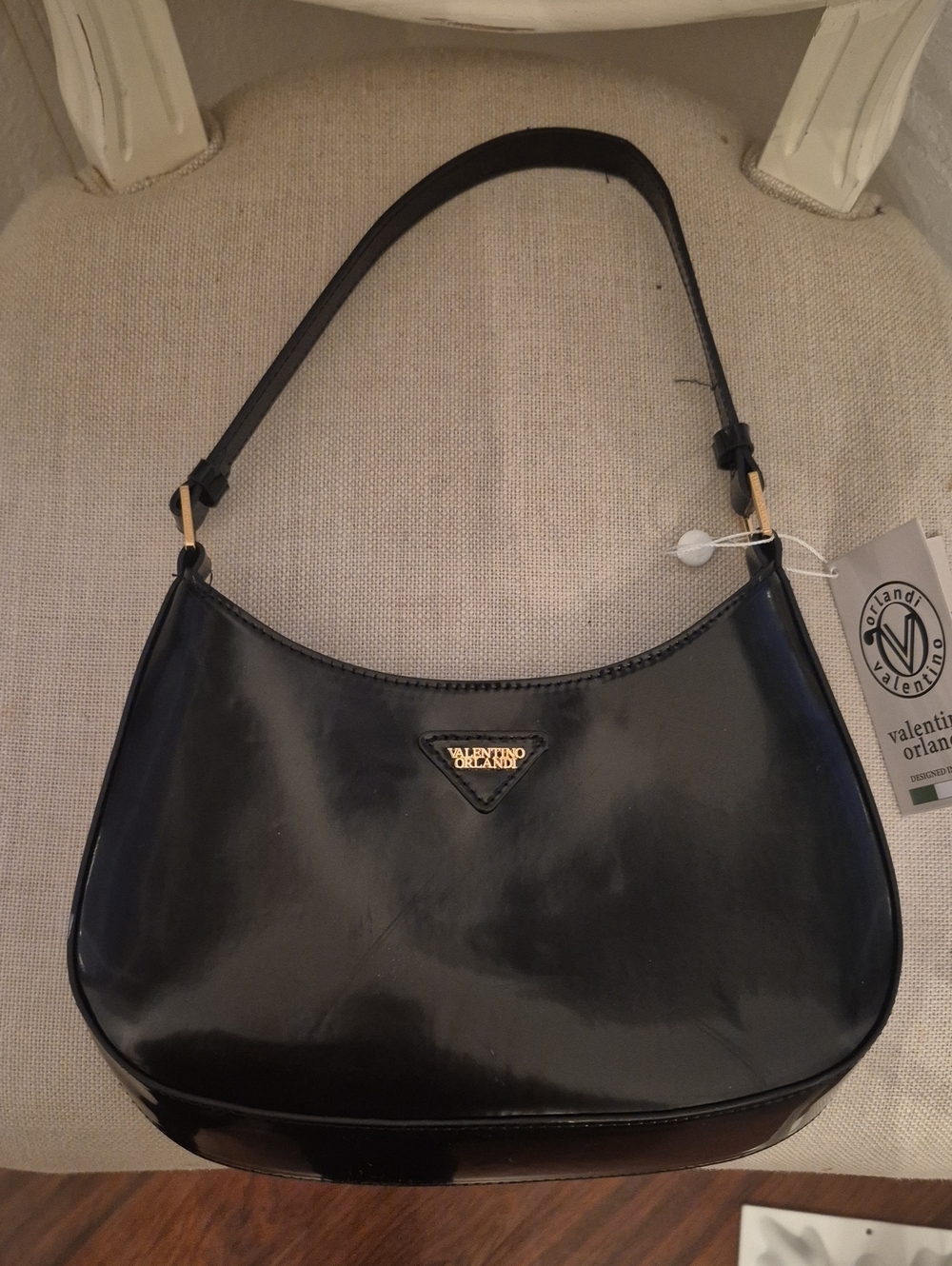 Valentino Black Patent Leather Hobo Shoulder Bag with Gold Labels And Hardware